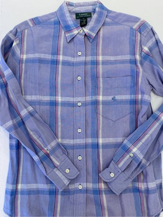 Ralph Lauren Tops - Lauren Ralph Lauren Womens 100% Linen Plaid Button Up Purple Blue Medium Preppy